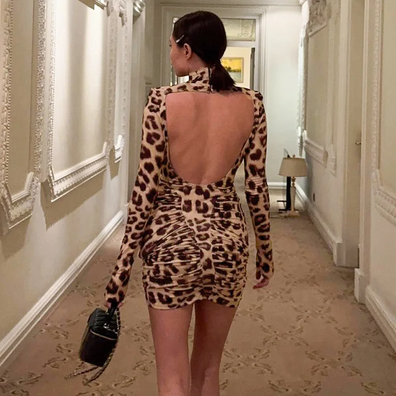 New Fashion Spring and Autumn Women's High Neck Leopard Print Long Sleeved Dress Elegant Pleated Casual Hip Short Bodycon Dress