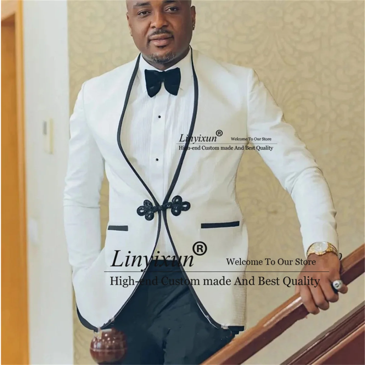 

White Wedding Tuxedos for Groom with Stanrd Collar Men Suits 2 Pieces Jakcket Pants Stes Business Male Blazers Costume Homme