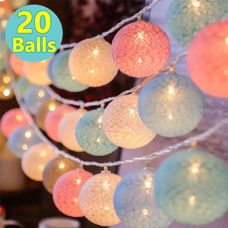 

20 LED Cotton Balls String Lights Fairy Garland Ball Shaped Lighting Strings for Bedroom Garden Wedding Holiday Party Decoration