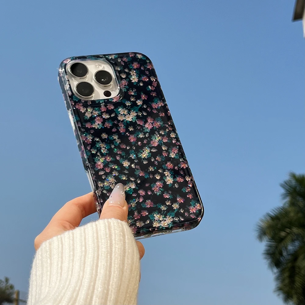 Charming Vintage Dark Green Floral Glitter Phone Case with Colorful Blooms