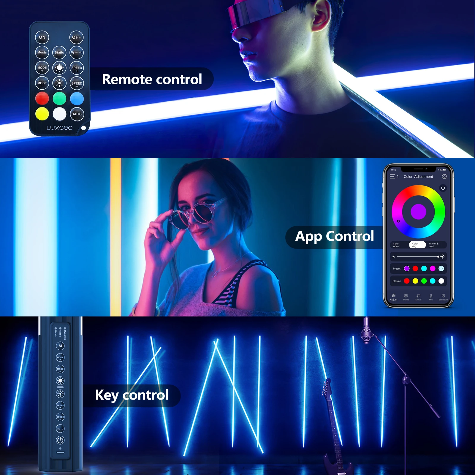 LUXCEO 2팩 120cm 18W RGB 무드 라이트 블루투스 APP 제어 LED 분위기 램프 스틱 DJ 조명 바 댄스 음악 클럽/포토 부스/야외 파티/게임 룸