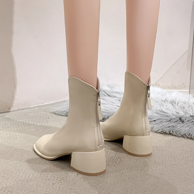 LazySeal Concise Stretch Boots Zipper Square Heel Ankle Boots For Women Ladies Shoes Plus Size 43 Elastic Leather Modern Boot