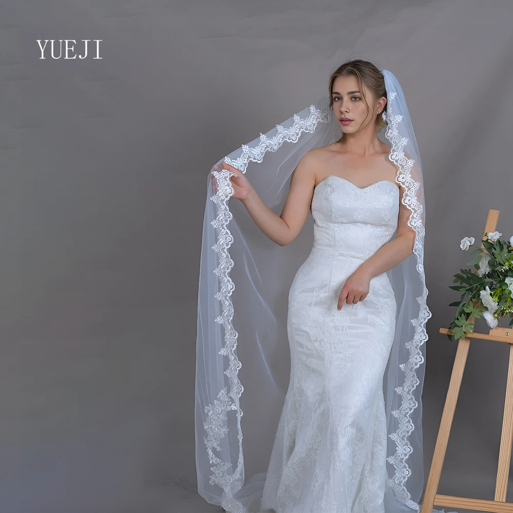 YUEJI Floral Lace Edging Bridal Veil Luxury Cathedral 1tier Wedding Embroidered Veil Complementos De Boda YJ110