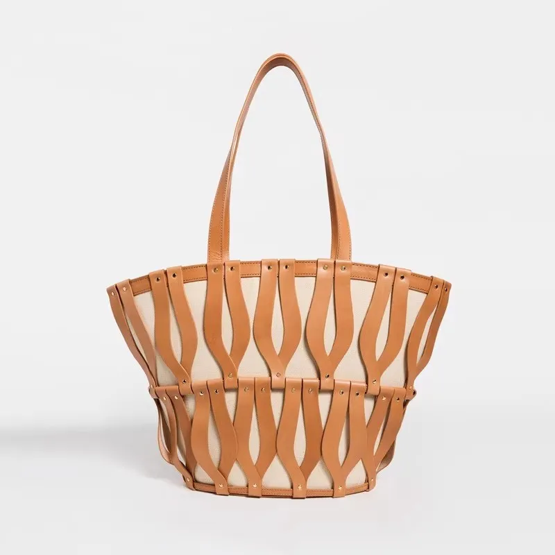 Fashionable Autumn and Winter Woven Hollow Shoulder Crossbody Bag Retro Versatile Travel Contrast Color Large Capacity Canvas