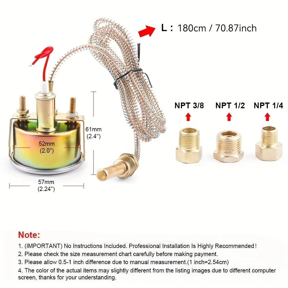 2인치 52MM 기계식 12V 수온계 50-140 ℃ /130-280 ℉ 수온계 자동차 계기판 센서 포함 NPT 1/2 NPT 1/4 NPT 3/8