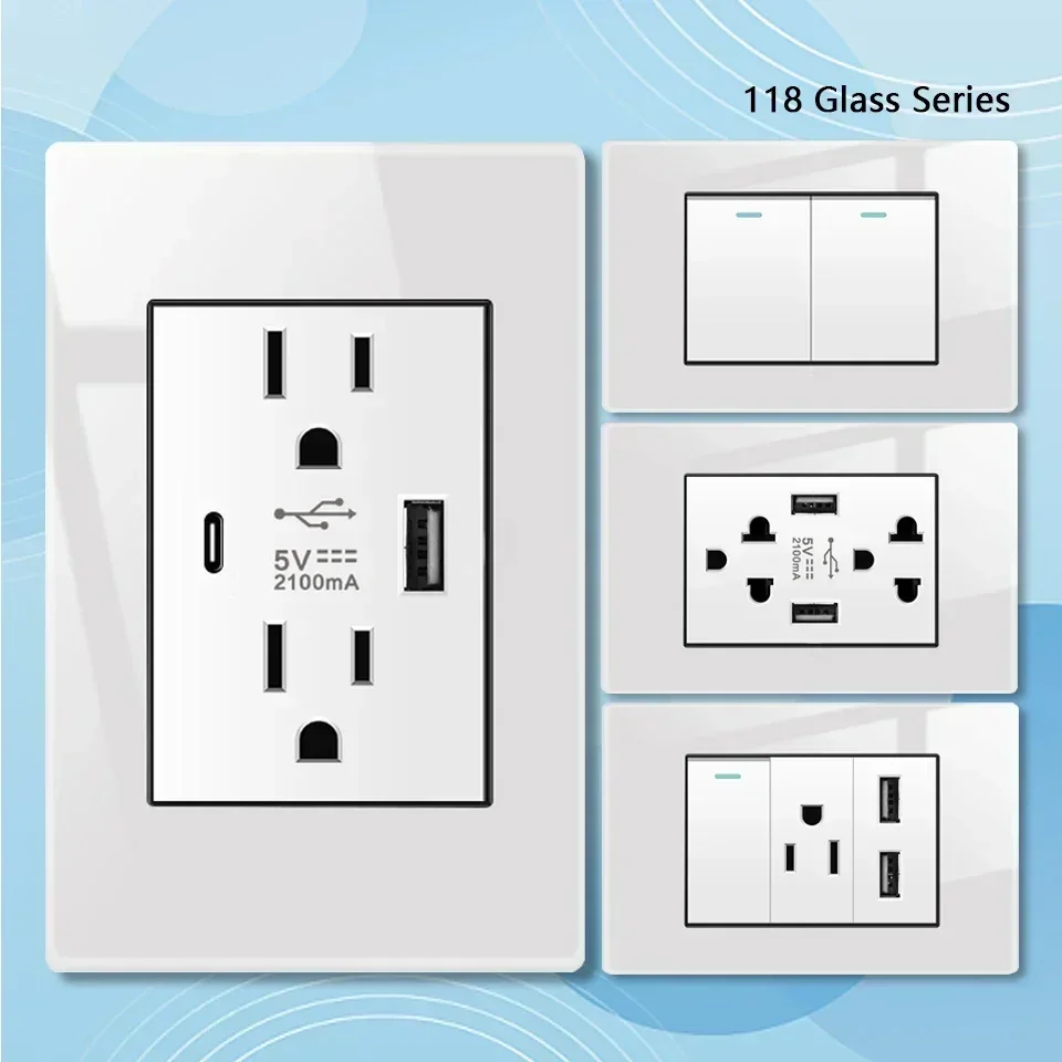 Eua Interruptor de Parede Tomada com Usb Tipo-c Carregador Rápido Branco Vidro Temperado Tomada Painel Interruptor Luz Americano México