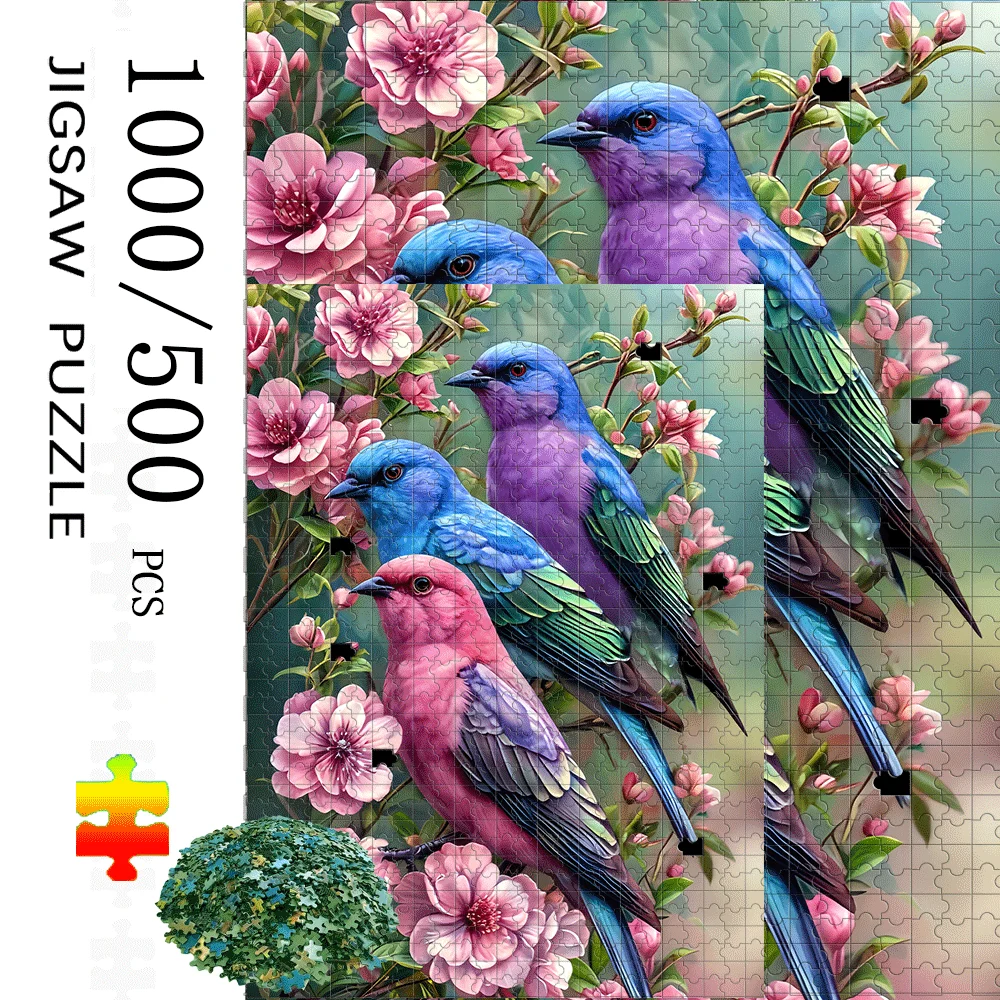 Colorful Birds in Pink Flower Bush Jigsaw Puzzle Adult Nature Theme Intellectual Game Home Leisure Decorative Puzzle Toy