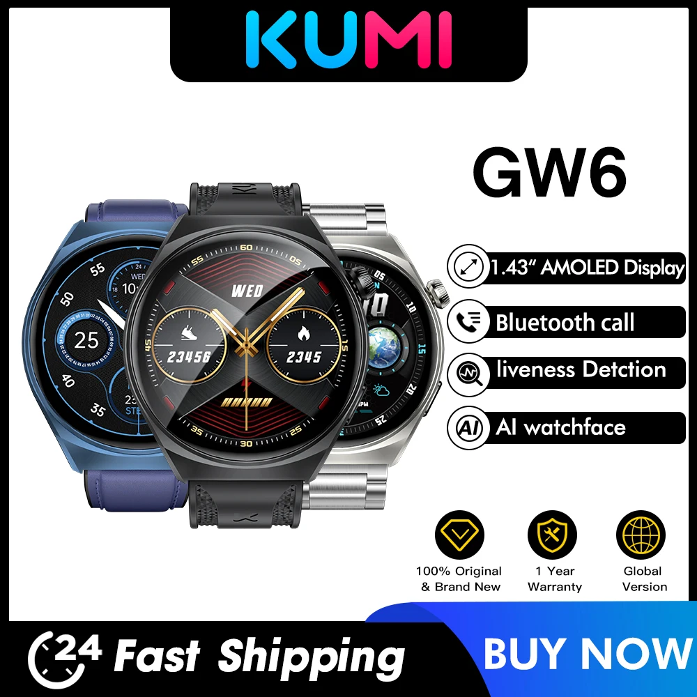 

KUMI GW6 1.43" AMOLED screen Bluetooth call Waterproof IP68 NFC 100+ Sport Heart Rate Blood Pressure Oxygen Monitor smart watch