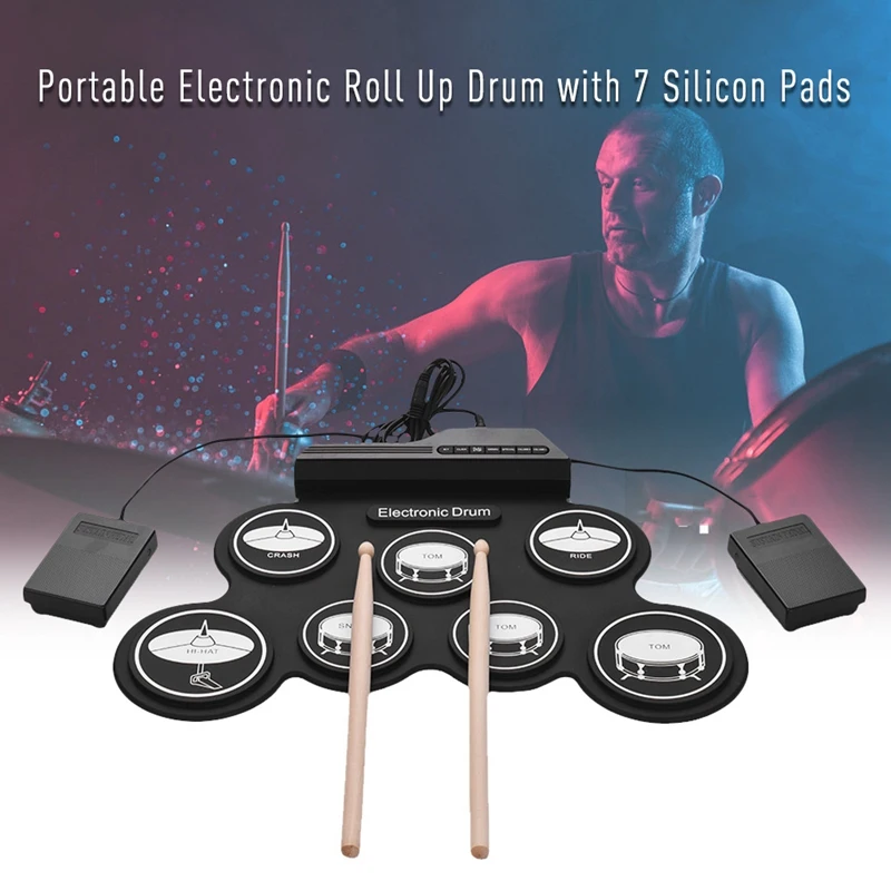 

7 Pads Electric Drum Set ,Portable Roll Up Drum Practice Pad Drum Kit With Drum Pedals Drum Sticks, Gift For Kids Adults