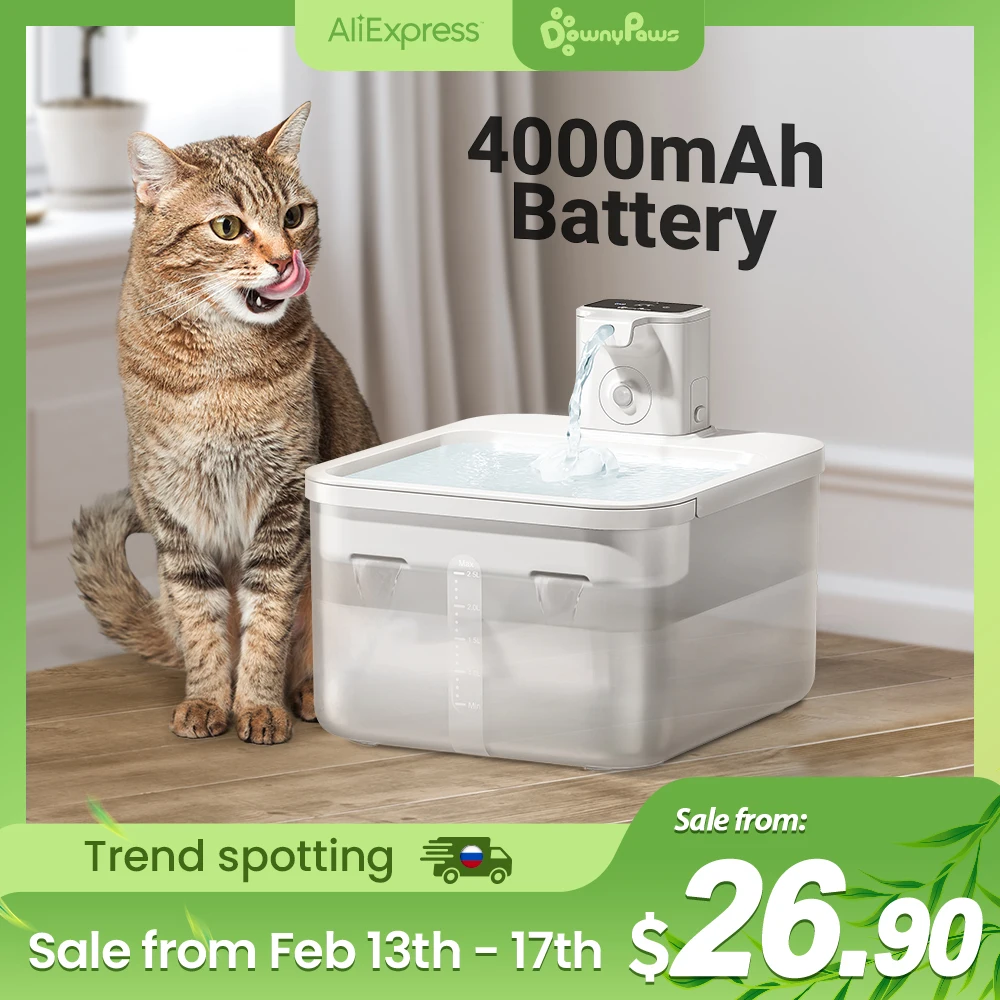 DownyPaws 2.5L Wireless Cat Water Fountain Battery Operated Automatic Pet Water Fountain with