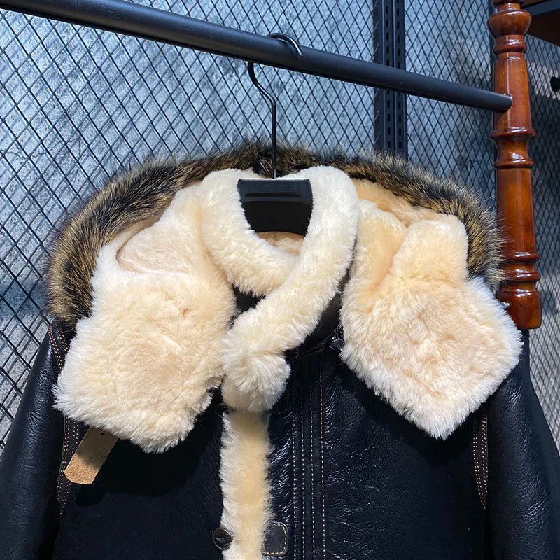 Luxury Man Genuine Sheepskin Lambskin Jacket 100% Real Natural Shearling Wool Liner Coat for Male Raccoon Fox Fur Hood XXXXXXXXL
