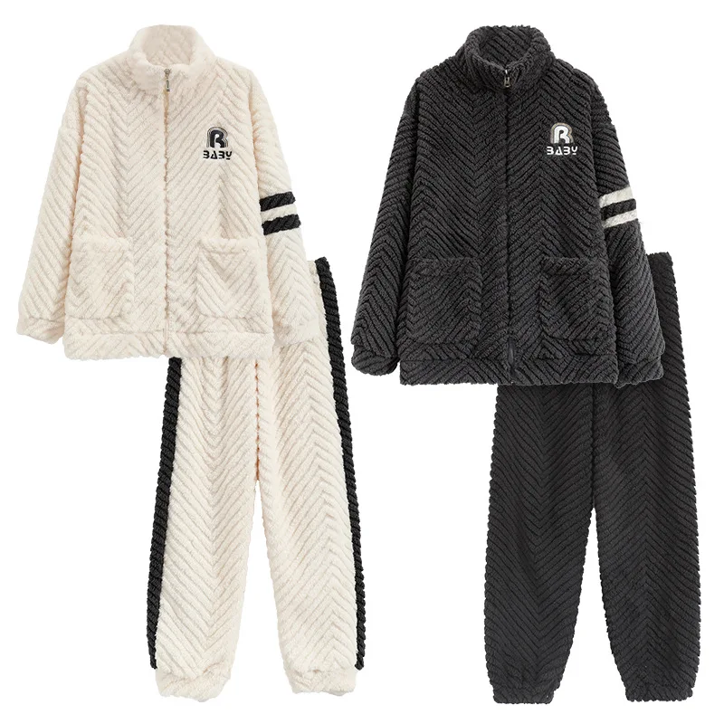 Zipper Flannel Sleepwear Winter Men and Women Matching Homewear Sporty Fashion Pajamas Set for Couples Youth Girl Boy Nightwear