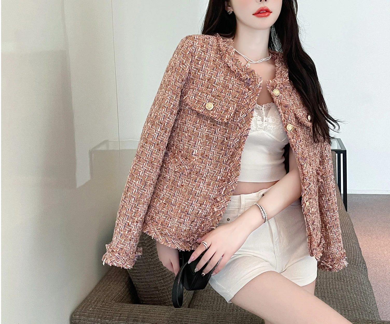 

Pink Short Women's 2023 Autumn and Winter New Light Luxury Celebrity Top Foreign Goddess Fan Fried Street Small Fragrant Coat