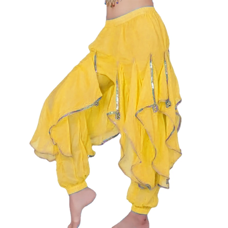 Women's Belly Dance Harem Pants Costume Coins Lantern Pants with Gold Trim Arabic Halloween Trousers Practice Chiffon Bloomers
