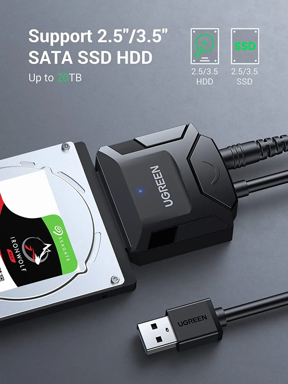 UGREEN SATA-USB 3.0 어댑터 케이블 UASP 지원 SATA III 컨버터 (2.5/3.5인치 SSD HDD 하드 드라이브 디스크용)