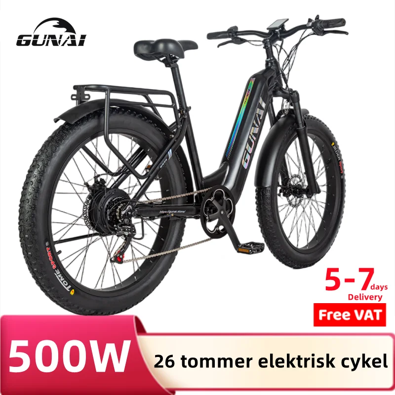 Gunai Bicicletta Elettrica 500W Motore 48V 17Ah Batteria Samsung 26 Pollici Fat Tire Ebikes Elettriche 7 Velocità Con Mudguar Bici Da Neve Per Adulti