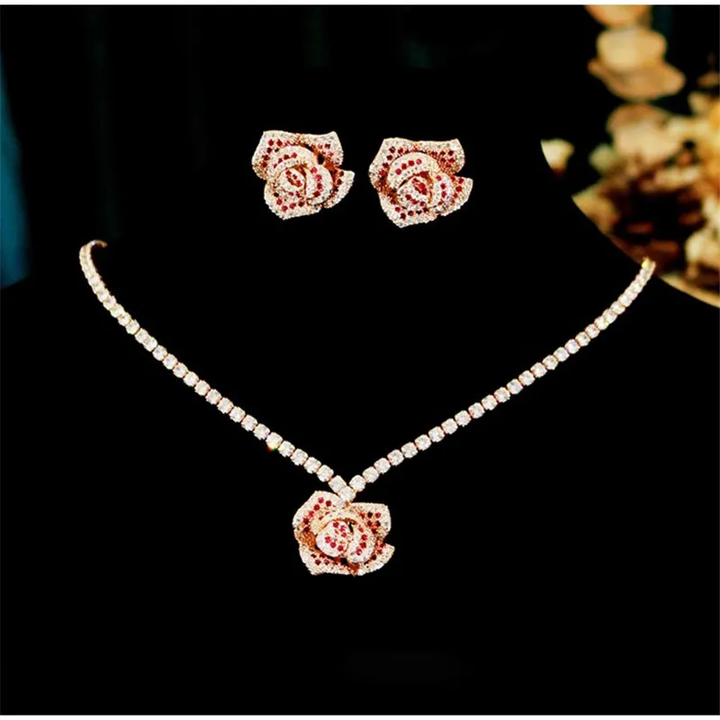 

CC Romantic Jewelry Set Wedding Events Women Accessory Bridal Jewellery Engagement Rose Shape Necklace Stud Earrings Sets FO063