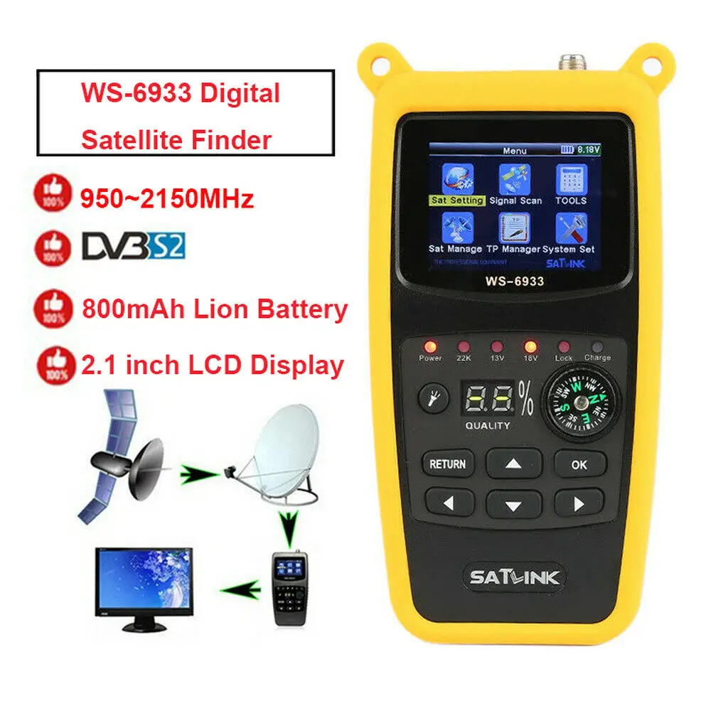 

Satlink WS6933 satfinder satellite finder 2.1 Inch LCD Display with lithium battery and silicion bag DVB-S FTA C&KU Band