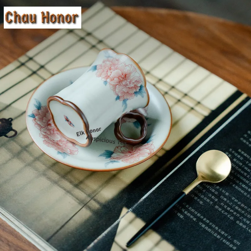 90ml Ru Kiln Porcelain Hibiscus Coffee Mug With Plate Hot Chocolate Cup Afternoon Tea Mug Cup Saucer Kit Teaset Decoration Gift