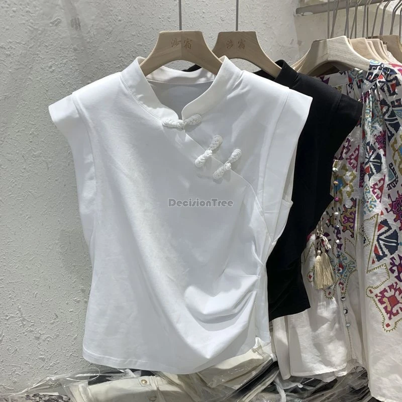 Chinese pearl disc buckle stand collar improved black white cheongsam shirt women summer new national style short sleeve blouse