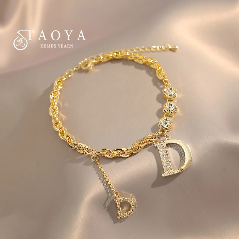 2023NewClassicDLetterPendantSetwithZirconGoldColorBracelet