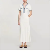 Elegant Contrasting Women Knit Maxi Dress Chic O-neck Short Sleeve Metal Buttons Bodycon Dresses Office Lady Commuting Robe - Image 2