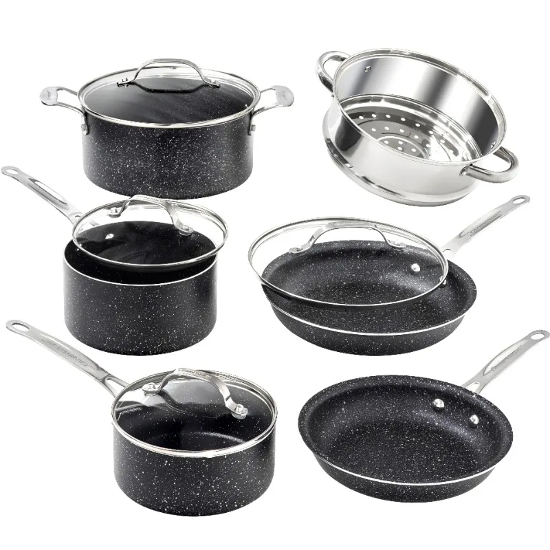 

Pots and Pans Set, 10 Piece Nonstick Cookware Set, Includes Steamer, Scratch Resistant, Granite Coated