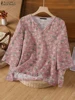 ZANZEA Womens Vintage Ditsy Floral Printed Blouses Summer Casual V-Neck 3/4 Sleeve Cotton Blend Blusas Mujer Day Wear Tunic Tops