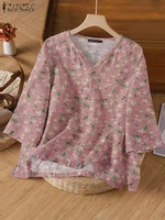ZANZEA Womens Vintage Ditsy Floral Printed Blouses Summer Casual V-Neck 3/4 Sleeve Cotton Blend Blusas Mujer Day Wear Tunic Tops