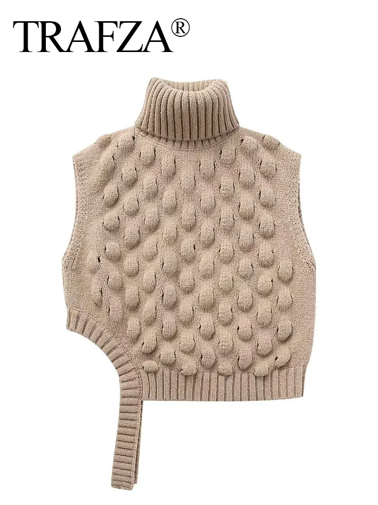 

TRAFZA Autumn Fashion Female Irregular Crop Pullovers Tops Elegant Women Sleeveless High Collar Texture Knitting Sweater Vest