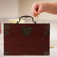 Wooden Piggy Bank Money Saving Jar Large Capacity Home Decor Vintage Storage Box Lid Lock Design Kids 2