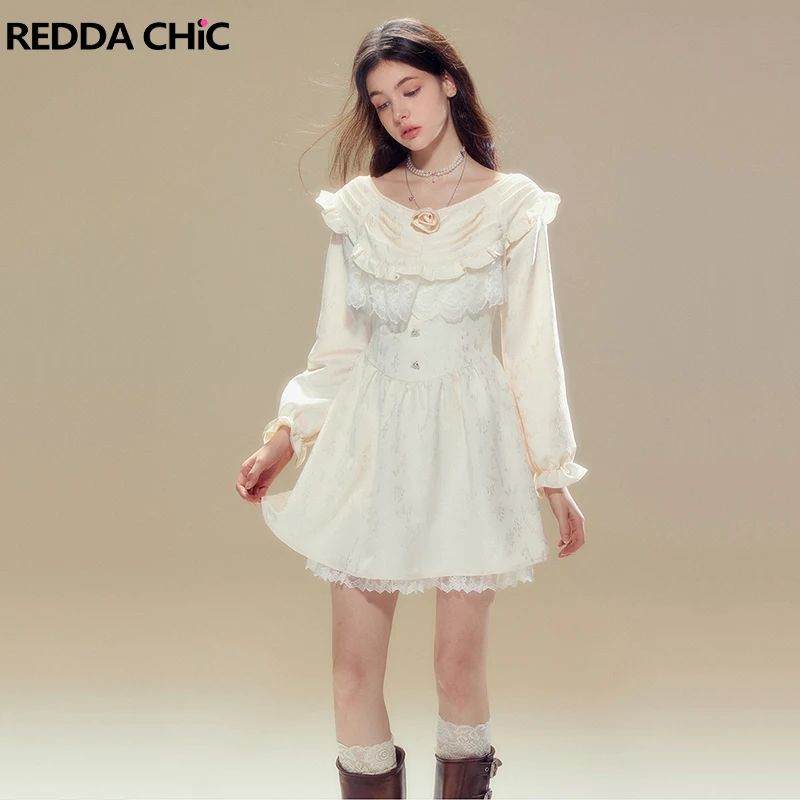 

REDDACHiC Rose Pin Jacquard Mini Dress Women Kawaii Frill Lace Trim Long Sleeves Princess Puffy Dress Medieval Retro Clothes