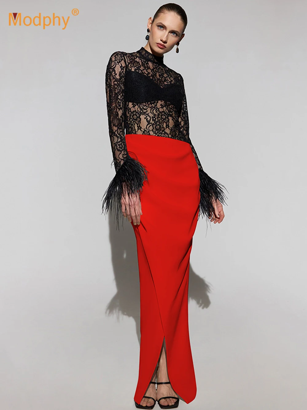 

Modphy 2023 New Sexy Turtleneck Lace Feather Long Sleeve Slim bandage Maxi Dress Women's Elegant Party Evening Dresses Vestidos