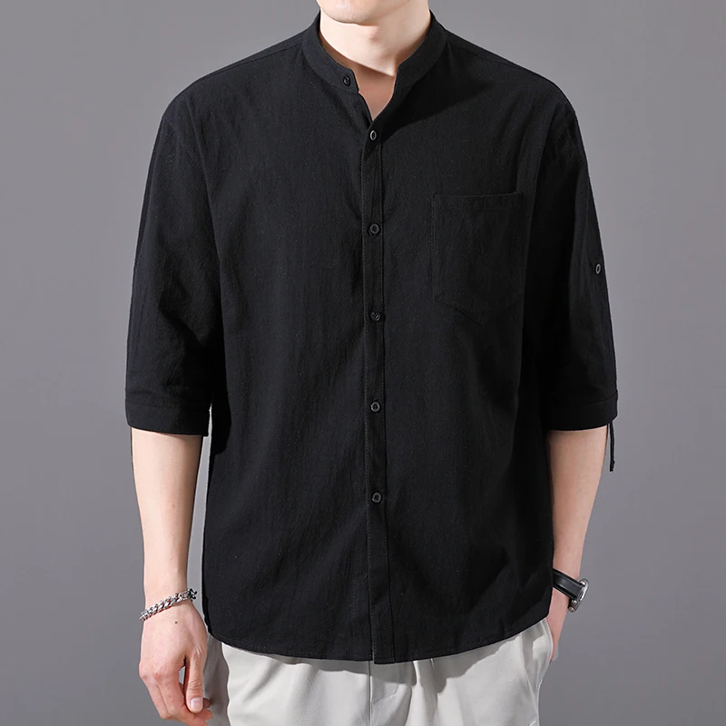 Three Quarter Sleeve Shirts Summer Cotton Linen Men's Solid Color Stand-Up Collar Casual Beach Style Shirt Tops