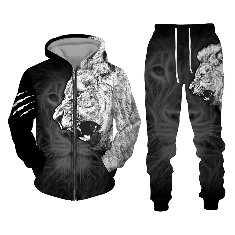 

The Lion King 3D Print Men's Zipper Hoodie/Suit Men's Casual Sportwear Two Piece Set Cool Animal Pattern Jacket& Pants Tracksuit