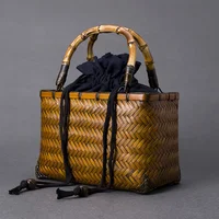 Chinese Retro Woven Bag Women Bento Tableware Storage Bundle Mouth Lining Style Handheld Basket Bamboo Handle Organizer Pouch 1