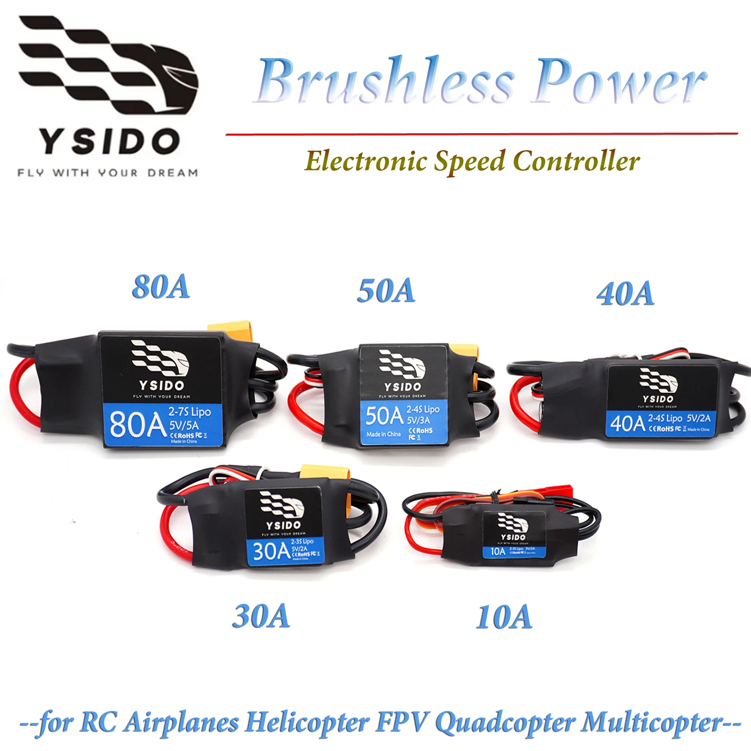 Contrôleur ESC sans balais 10A-80A BEC 2-7S pour avion RC hélicoptère FPV