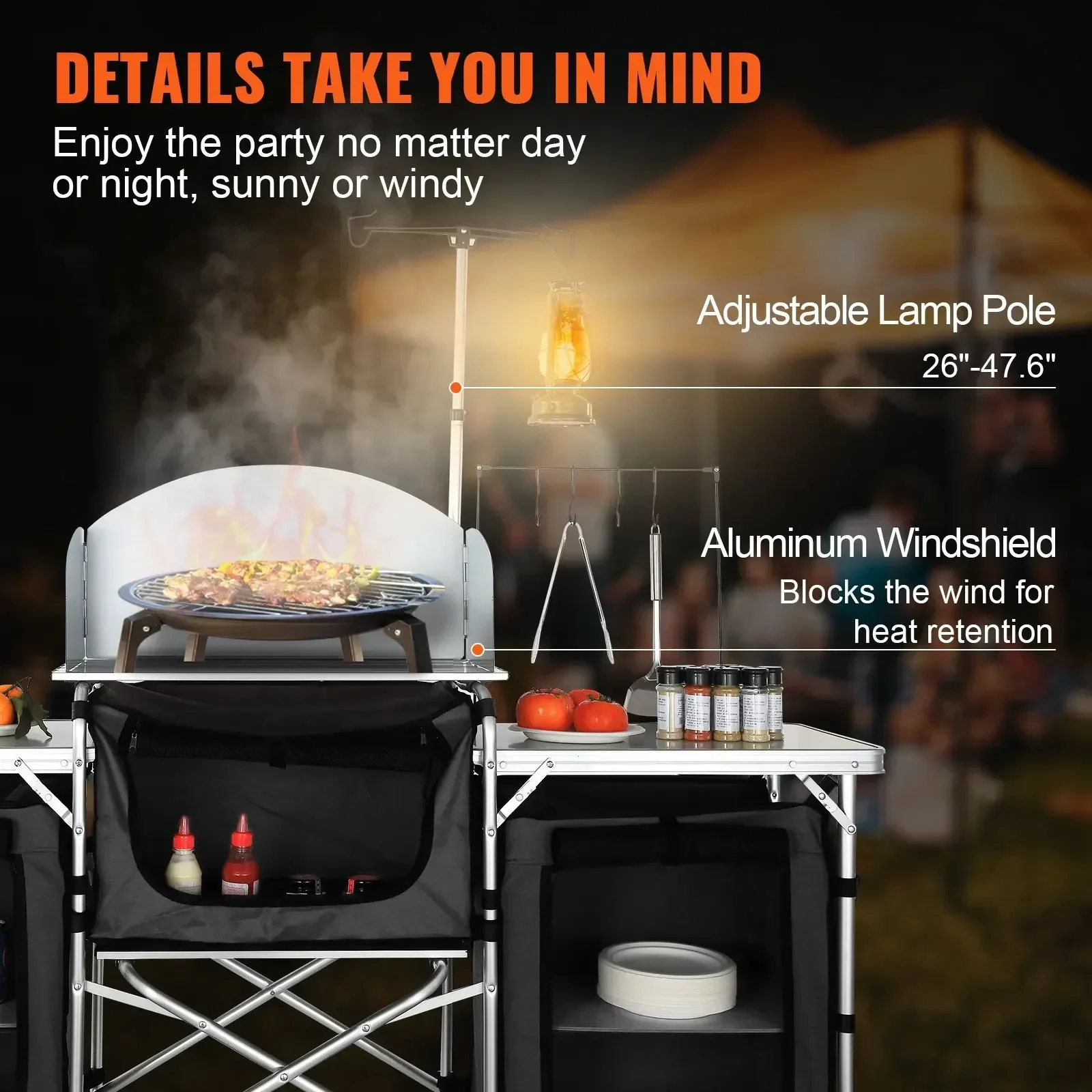 Vevor Camping Kitchen Dining Table, Foldable Outdoor Cooking Table With Storage Bag, Aluminum Cooking Table With 3 Cabinets