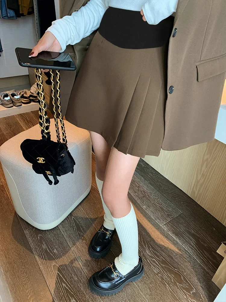 Maternity High Waist A- Line Skirt Pleated Mini Skirt Slimming Suiting Fabric Spring Autumn Season Half Body