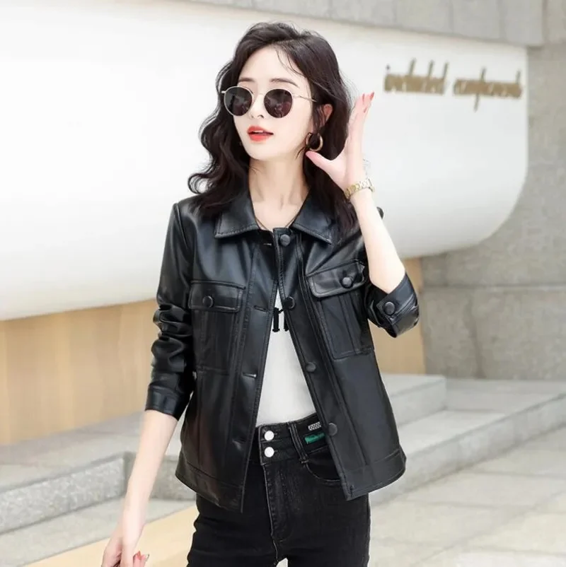 

Women Genuine Leather Outwear Single Breasted Outfit Autumn Winter Wome Fashion Short Thin Female Sheep Jacket