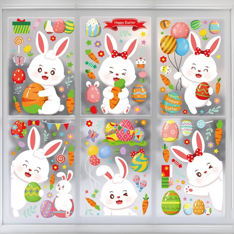 1 Sheet Happy Easter Window Stickers Rabbit Eggs Carrot Chick Electrostatic Wall Stickers Bunny Decoration for Easter Party