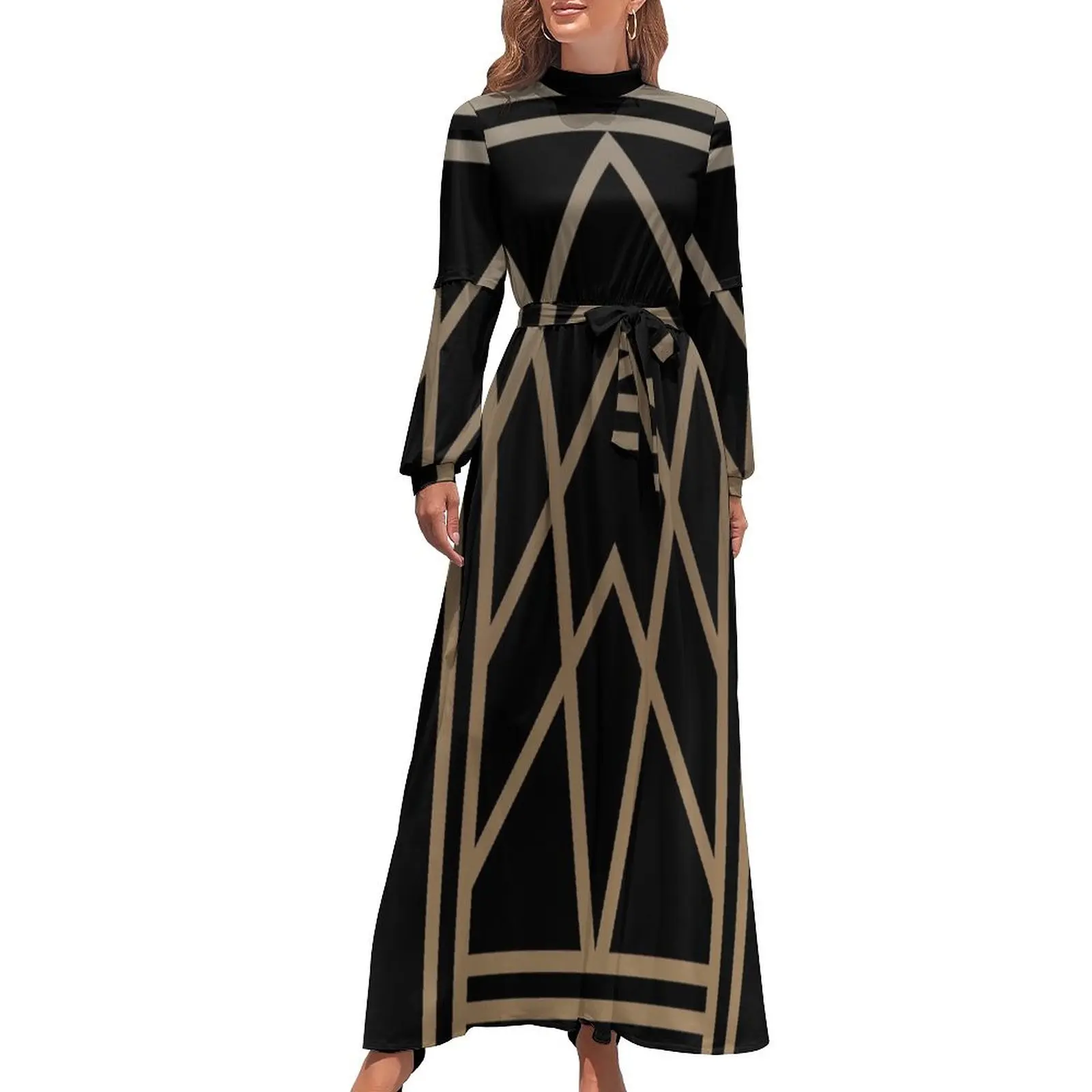 thumbnail image 1 of Vestido largo con arte en negro y dorado Vestidos largos vestidos para mujer vestidos vestidos conjuntos de playa para mujer, 1 of 5