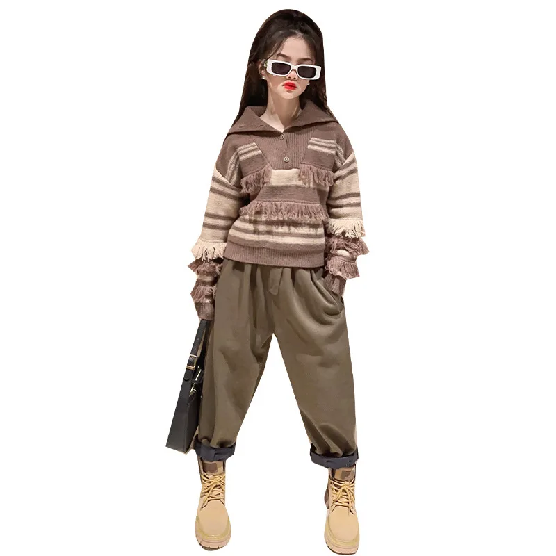 

Girls Clothes Autumn Winter Stripe Thick Tassel Design Sweater Plush Warm Tops Casual Pants Children's Clothing for Teens 4-14 Y