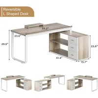 Walnut and White Desk with Drawers, 55 Inch L Shaped Computer Desks with Storage Shelves, Corner Desk, Computer Table 1
