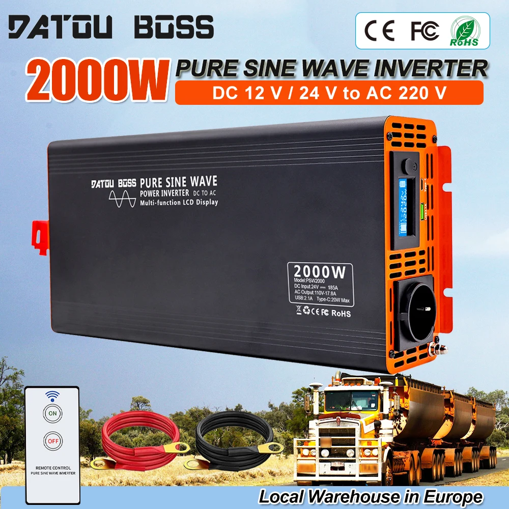 Onduleur à onde sinusoïdale pure DATOUBOSS 2000W 12V 24V DC vers AC 220V, convertisseur de puissance pour camion, onduleur solaire avec AC USB Type C et écran LCD