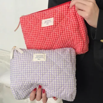 Borsa per il trucco in cotone di grande capacità borsa per la conservazione dei pennelli a scacchi da donna borsa da toilette da viaggio carina dolce organizzatore morbido da donna Casual 1
