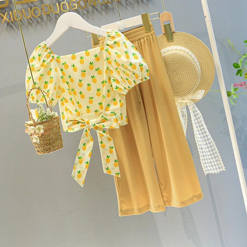 

Summer New Girls Clothing Sets Cute Pineapple Print Bow-Tie Top+Wide-Leg Pants Toddler Baby Clothes Suit Girl Fashion Kid Outfit