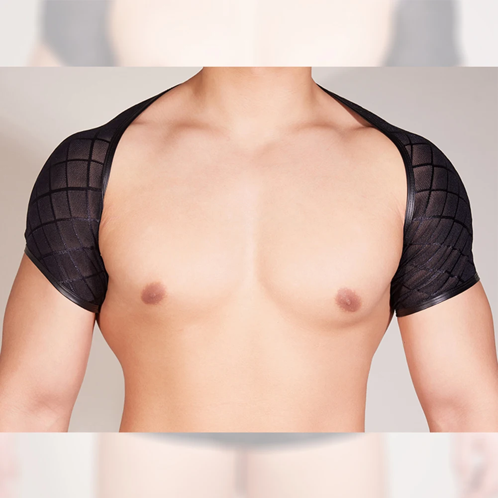 

Men Sexy Macho Training Fitness Vest Rhombus Mesh Short Sleeve See-Through Mesh T-Shirt Decor Half Cropped Shrug Top Clubwear