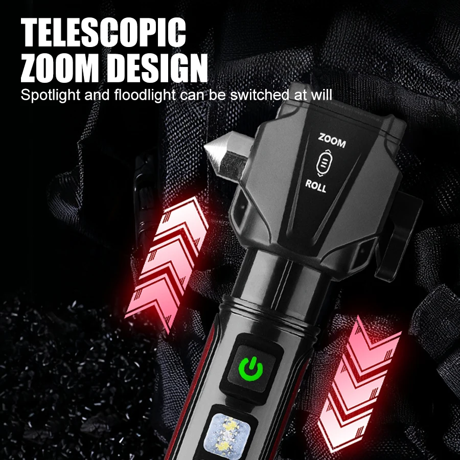 다기능 전술 손전등, 고출력 LED + COB USB 충전, 안전 망치, 비상용 방수 알루미늄 토치