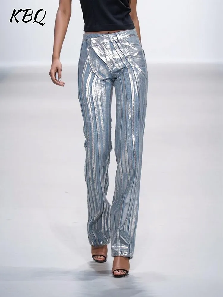 KBQ Spliced Button Colorblock Asymmetrical Jeans For Women High Waist Patchwork Pocket Skinny Chic Flare Denim Pants Female New